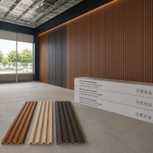 Acabado Tipo W Panel Innovador Lambrín de PVC instalado en muro interior de oficina corporativa